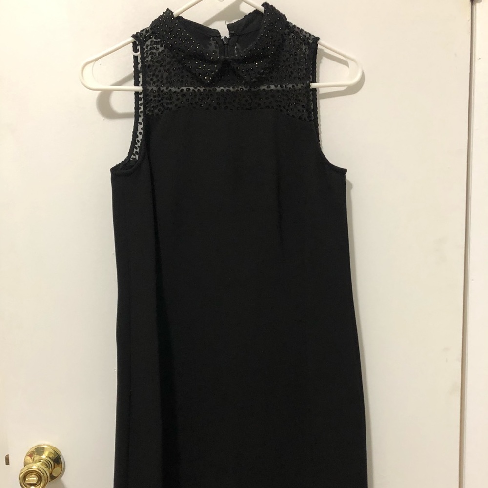 Little black dress with collared sheer top